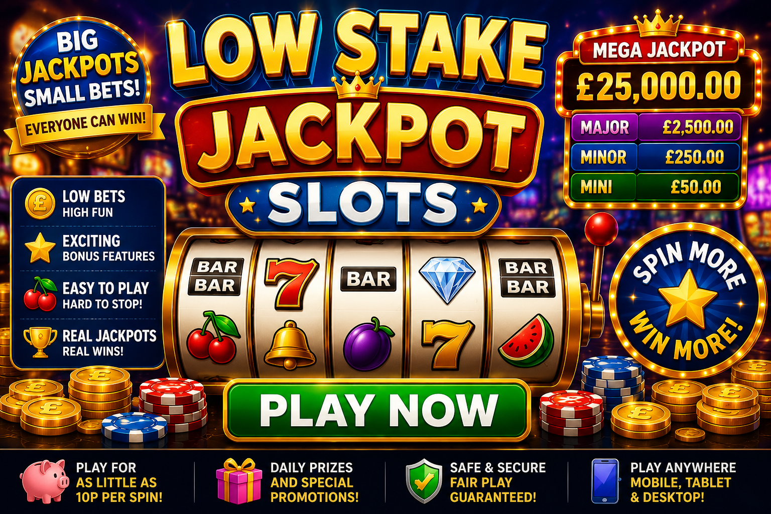 Low stake jackpot wins await!