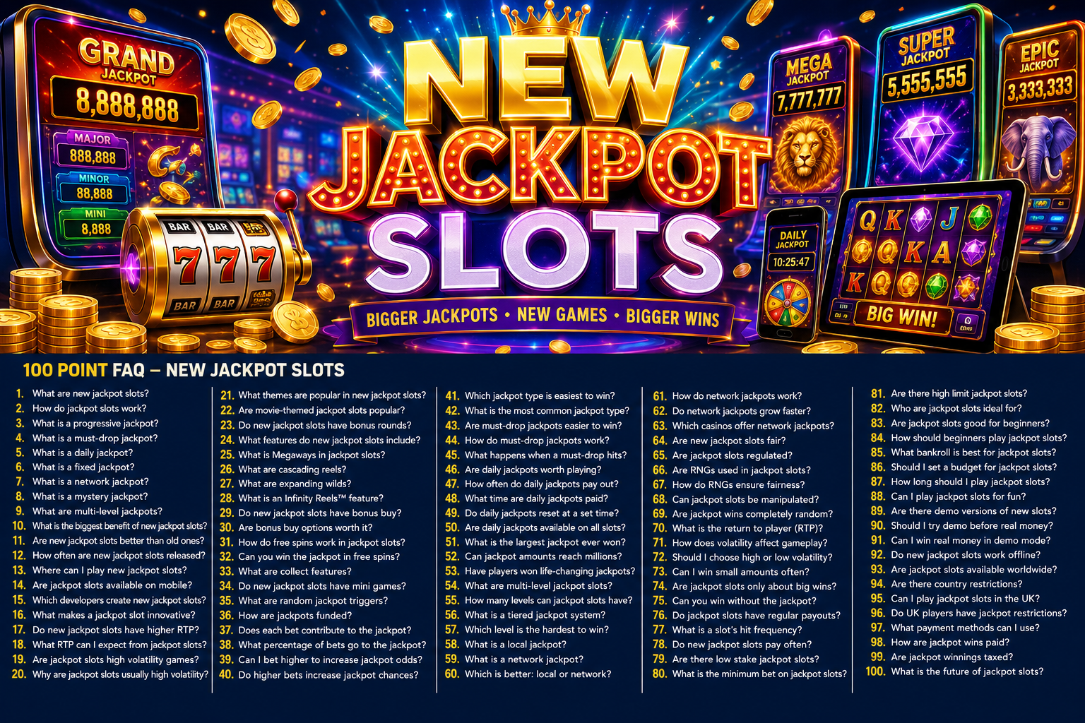 FAQ: New Jackpot Slots 1. What are new jackpot slots? New jackpot slots are recently released slot games that include one or more jackpot prize features. 2. How do new jackpot slots work? Players spin the reels and can trigger jackpot prizes through specific symbols, features, or random events. 3. What is a jackpot slot? A jackpot slot is a slot game that offers a large prize pool in addition to regular wins. 4. What is a progressive jackpot? A progressive jackpot grows over time as players place qualifying bets. 5. What is a fixed jackpot? A fixed jackpot remains at the same value until it is won. 6. What is a must-drop jackpot? A must-drop jackpot is guaranteed to be awarded before reaching a predetermined amount. 7. What is a daily jackpot? A daily jackpot is guaranteed to be won within a specific time period, usually every day. 8. What is a mystery jackpot? A mystery jackpot can be triggered randomly without a specific bonus round. 9. Are new jackpot slots popular? Yes, they are among the most popular categories in online gaming. 10. Why do players enjoy jackpot slots? Players enjoy the possibility of winning larger prizes than standard slot games. 11. Are new jackpot slots available on mobile? Yes, most modern jackpot slots are fully mobile compatible. 12. Can I play new jackpot slots on tablets? Yes, they are designed for smartphones and tablets. 13. Which developers create new jackpot slots? Many leading developers release new jackpot slots regularly. 14. Are new jackpot slots safe? Licensed and regulated games use certified software and random number generators. 15. What is RTP? RTP stands for Return to Player and represents the theoretical return percentage. 16. What RTP should I look for? Many players prefer RTP rates above 95%. 17. Are jackpot slots high volatility? Many jackpot slots are high volatility games. 18. What does high volatility mean? Wins may be less frequent but potentially larger. 19. Can beginners play jackpot slots? Yes, most jackpot slots are easy to understand. 20. Do jackpot slots have bonus rounds? Many include free spins, multipliers, and special bonus features. 21. Are new jackpot slots better than older games? They often include newer technology and features. 22. How often are new jackpot slots released? New games are released throughout the year. 23. Do new slots offer better graphics? Most feature modern graphics and animations. 24. What themes are common in jackpot slots? Adventure, mythology, Vegas, movies, and fantasy themes are popular. 25. What are Megaways jackpot slots? These use dynamic reel systems that can create thousands of winning ways. 26. What are cluster pays slots? Cluster pays slots award wins through groups of matching symbols. 27. What are cascading reels? Winning symbols disappear and are replaced by new symbols. 28. Can jackpot slots have multiple jackpots? Yes, many feature Mini, Minor, Major, and Grand jackpots. 29. What is a Mini jackpot? The smallest jackpot tier available in some games. 30. What is a Minor jackpot? A smaller secondary jackpot prize. 31. What is a Major jackpot? A larger jackpot tier below the top prize. 32. What is a Grand jackpot? Usually the highest jackpot available in the game. 33. How are progressive jackpots funded? A portion of qualifying bets contributes to the jackpot pool. 34. Do all bets contribute equally? Contribution rates depend on game rules. 35. Can I win a jackpot on minimum stakes? Some games allow this while others have qualifying requirements. 36. Do larger bets improve jackpot chances? Some games require higher stakes for maximum eligibility. 37. Are jackpot outcomes random? Yes, outcomes are determined by certified RNG technology. 38. What is RNG? RNG stands for Random Number Generator. 39. Can jackpot slots be manipulated? Licensed games cannot legally be manipulated by players. 40. Are jackpots guaranteed to be won? Only certain jackpot types guarantee payouts. 41. What is a network jackpot? A jackpot shared across multiple casinos and players. 42. What is a local jackpot? A jackpot linked to a single casino or game. 43. Which jackpot type grows fastest? Large network jackpots often grow the fastest. 44. What is the biggest advantage of network jackpots? They can reach extremely large prize amounts. 45. Can jackpot prizes reach millions? Yes, some progressive jackpots have exceeded millions. 46. What is the largest jackpot ever won? Several online jackpots have exceeded £10 million. 47. Do jackpot slots pay regularly? Many jackpots are won every day across the industry. 48. Are daily jackpots won daily? Yes, that is their defining feature. 49. Are must-drop jackpots predictable? No, only the maximum drop point is known. 50. Can I track jackpot values? Most games display jackpot amounts in real time. 51. Are jackpot slots suitable for casual players? Yes, many cater to all experience levels. 52. Do new jackpot slots include free spins? Many offer free spins as a bonus feature. 53. Can jackpots be won during free spins? This depends on the game's rules. 54. What are multiplier features? They increase winning amounts by a specified factor. 55. What are expanding wilds? Wild symbols that cover additional reel positions. 56. What are collect features? Features that gather symbols or prizes during gameplay. 57. Are new jackpot slots innovative? Developers frequently introduce new mechanics. 58. Why are new jackpot slots exciting? Players enjoy exploring fresh features and jackpot opportunities. 59. Can I try jackpot slots for free? Many casinos offer demo versions. 60. What is demo mode? A free-play version using virtual credits. 61. Does demo mode pay real money? No, demo mode uses practice credits only. 62. Can demo mode help me learn a game? Yes, it allows players to understand features before wagering. 63. Are jackpot slots available worldwide? Availability depends on local regulations. 64. Can UK players access jackpot slots? Yes, through licensed operators where available. 65. Are jackpot slots regulated? Licensed games are regulated by gaming authorities. 66. What makes a slot fair? Independent testing and certified RNG systems. 67. Can I play jackpot slots on desktop computers? Yes, desktop support remains widely available. 68. Are new jackpot slots optimised for mobile? Most are designed with mobile gameplay in mind. 69. Do mobile jackpots differ from desktop versions? Usually the gameplay remains the same. 70. What internet speed is required? Most games work on standard broadband and mobile connections. 71. Do jackpots expire? Progressive jackpots do not usually expire. 72. Can multiple players win jackpots? Different jackpot tiers can have multiple winners. 73. Are jackpot slots only about big wins? No, they also provide entertainment and bonus features. 74. How long does it take to win a jackpot? There is no guaranteed timeframe. 75. Can strategy guarantee a jackpot? No strategy can guarantee jackpot wins. 76. Should I manage my bankroll? Yes, responsible budgeting is important. 77. What is bankroll management? Setting spending limits before playing. 78. Can I set gaming limits? Many operators provide limit-setting tools. 79. What is a cool-off period? A temporary break from gambling activity. 80. What is self-exclusion? A longer-term tool that restricts gambling access. 81. Are jackpot slots suitable for everyone? They are intended for adults of legal gambling age only. 82. Do new jackpot slots support responsible gambling? Licensed operators provide responsible gambling tools. 83. Can jackpot slots include tournaments? Some casinos run jackpot slot competitions. 84. Are there seasonal jackpot promotions? Some operators run themed events throughout the year. 85. What are community jackpots? Jackpots funded by a wider player network. 86. Are jackpots taxed? Tax treatment depends on local laws and regulations. 87. Can I withdraw jackpot winnings immediately? Withdrawal processes depend on operator procedures. 88. Are jackpot winners verified? Large wins may require identity verification. 89. Do jackpots attract more players? Large prizes often increase player interest. 90. What is the future of jackpot slots? Developers continue introducing new technologies and features. 91. Will mobile jackpot gaming continue growing? Mobile gaming remains one of the fastest-growing sectors. 92. Could virtual reality jackpot slots become common? VR technology may influence future game development. 93. What are live jackpot slots? Games that combine live elements with jackpot features. 94. Are social jackpot features increasing? Many developers are exploring community-driven mechanics. 95. Can jackpot slots include skill elements? Most remain primarily games of chance. 96. Do jackpots affect RTP? Jackpot contributions can influence overall RTP calculations. 97. Are new jackpot slots released every month? Yes, new releases appear regularly throughout the year. 98. Why should I explore new jackpot slots? They often feature the latest technology and innovations. 99. What should I check before playing? Review RTP, volatility, features, and eligibility requirements. 100. What makes new jackpot slots so popular? Their combination of fresh gameplay, exciting features, and potentially large jackpot prizes.